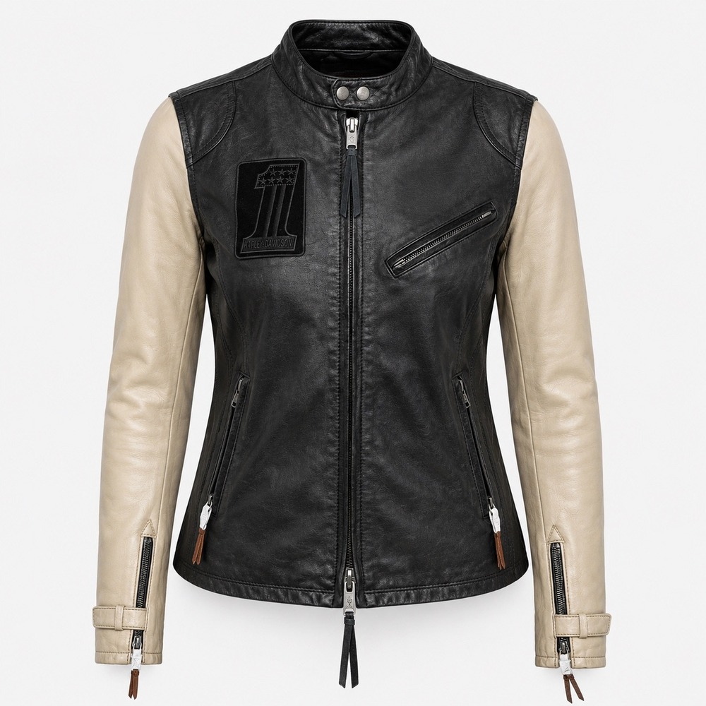 Harley Davidson Jacket Women Medium Black Cream Leather Pushrod 98034-18VW Biker